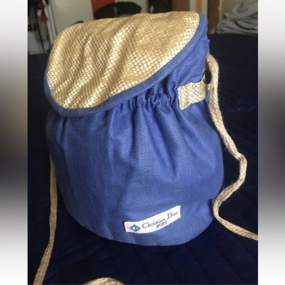 Vintage Christian Dior blue denim/linen,natural tan raffia crossbody bag/clutch